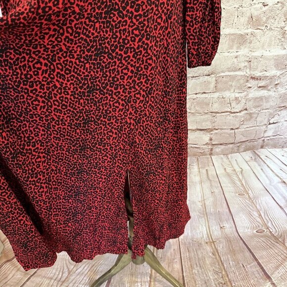 LOFT Womens Midi Dress Size 4 Red Animal Print Cheetah Long Sleeve Side Slit NEW - Picture 5 of 11